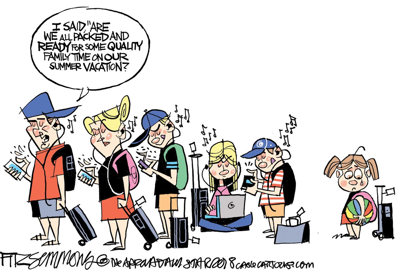 Editorial cartoon U.S. summer vacation social media internet cell phones kids family