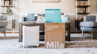 Mila Air Purifier: An image showing the brown and blue cardboard box the mila comes in, opened and placed in a stylish living room