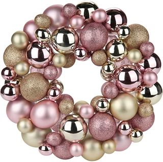 pink bauble wreath decoration with gold baubles