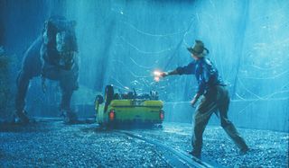 Special effects in movies: jurassic park still of dinosaur, car and ranger