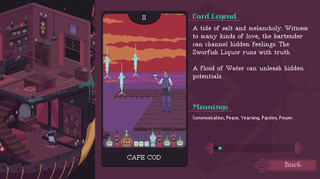 The card construction screen of The Cosmic Wheel Sisterhood, displaying a custom card named "Cape Cod", featuring a bartender with a glass standing on a pier around an assortment of bottles.