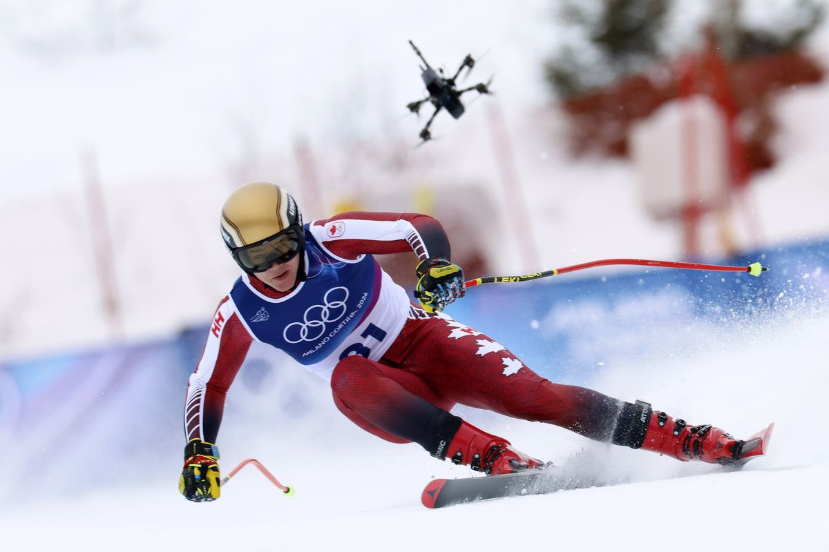An FPV drone following a downhill skier at the Milan Winter Olympics 2026