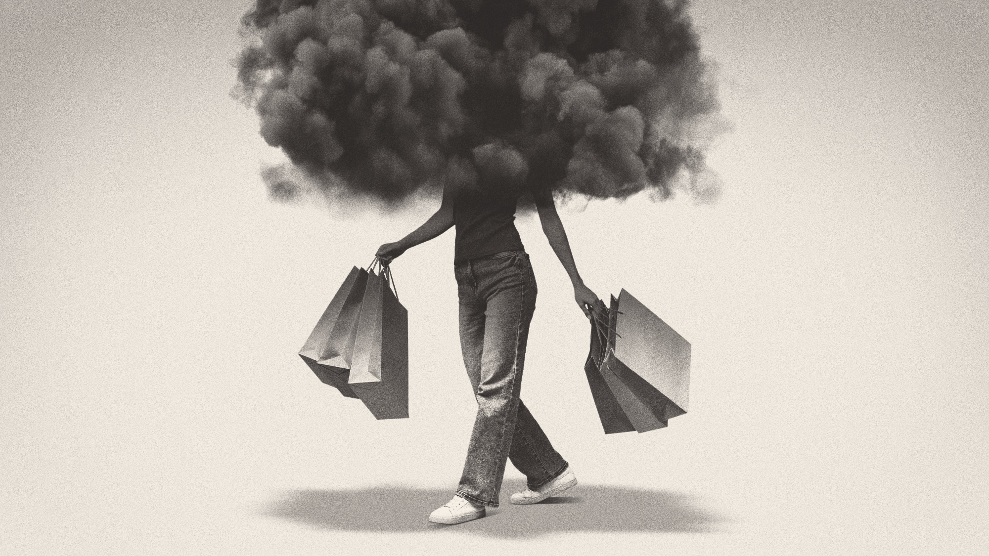 Illustration of a woman carrying shopping bags with her head buried in a dark cloud