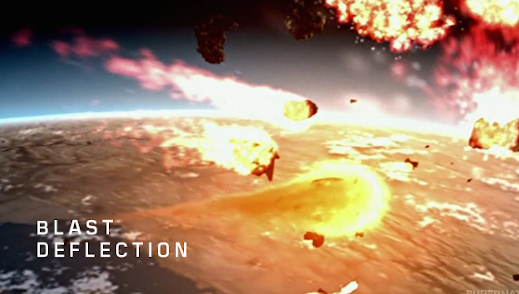 An artist&#039;s depiction of how nuclear detonations could edge a hazardous asteroid out of Earth&#039;s path.