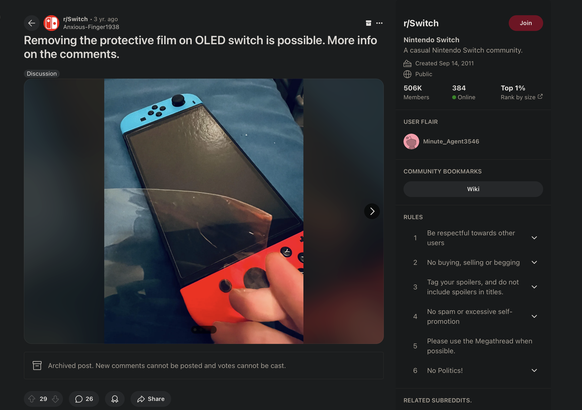 A Reddit post from r/Switch titled "Removing the protective film on OLED switch is possible. More info on the comments."
