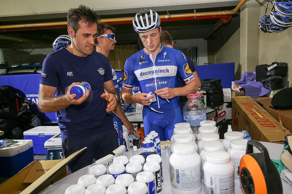 Petr Vakoc (Deceuninck - Quick Step) stocks up before a training ride in Argentina