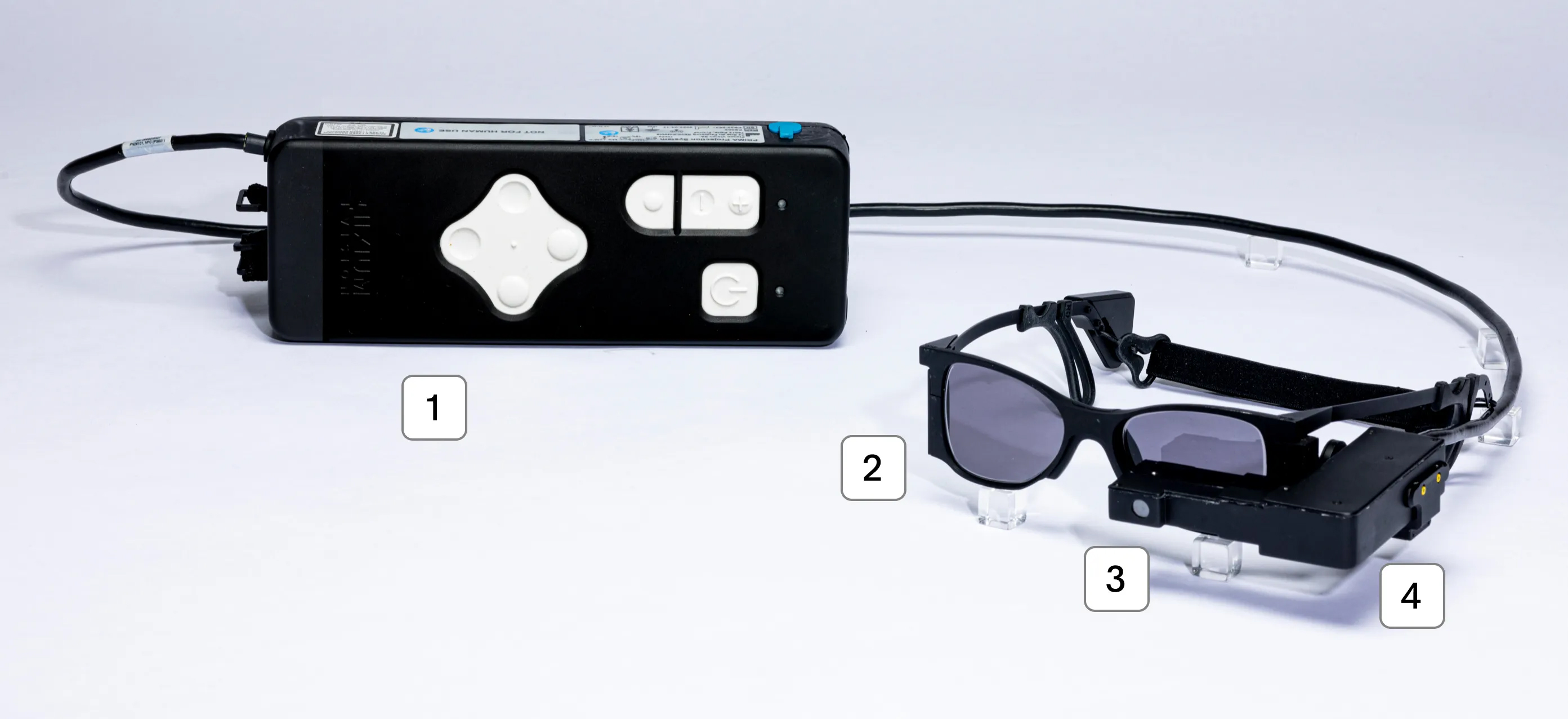 A diagram of the camera glasses with the pocket processor, lenses, camera, and projection module