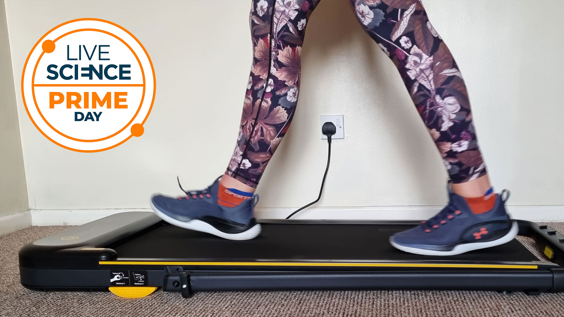 A Live Science Prime Day deals logo and a picture of our reviewer testing the Urevo Strol 2E under-desk treadmill