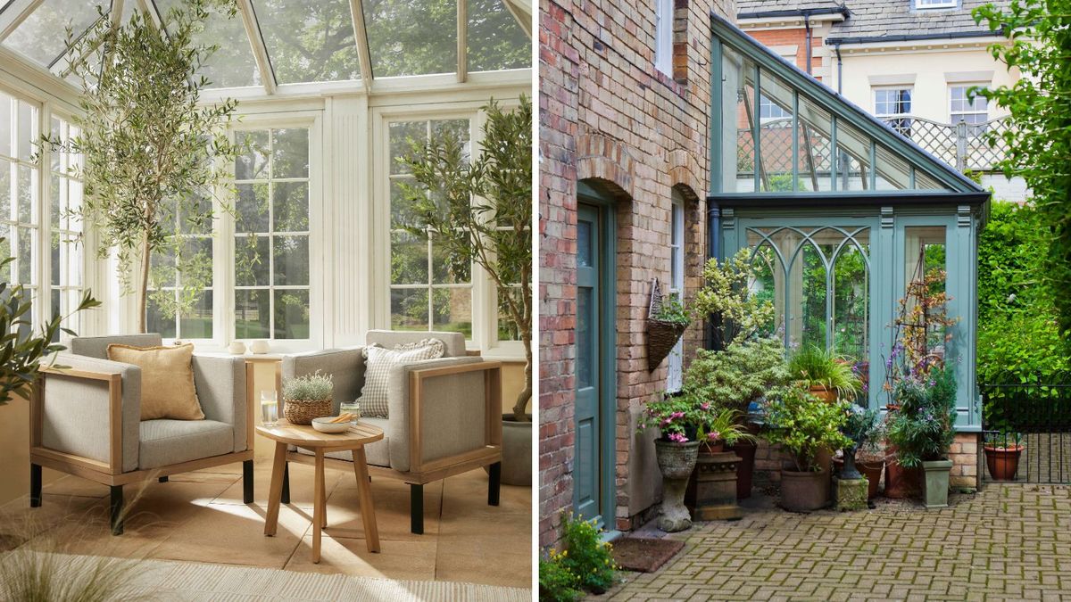 Two small conservatory images, one showing a warm interior, the other showing an external victorian conservatory design