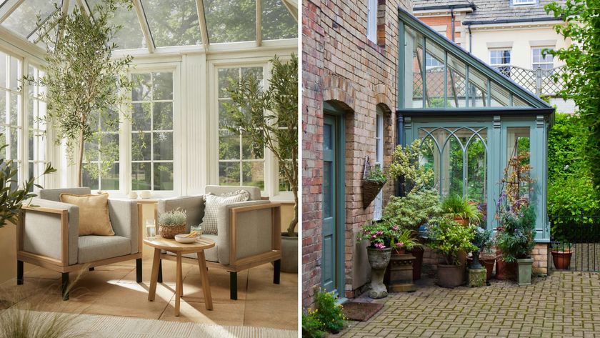 Two small conservatory images, one showing a warm interior, the other showing an external victorian conservatory design