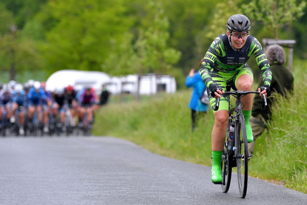 GERA GERMANY MAY 26 Katharina Fox of Germany and Team RSG Giessen Biehler attack on breakaway during the 34th Internationale LOTTO Thringen Ladies Tour 2021 Stage 2 a 1251km stage from Gera to Gera ltlt2021 lottothueringenladiestour womencycling on May 26 2021 in Gera Germany Photo by Luc ClaessenGetty Images