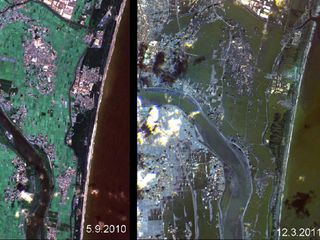 These side-by-side images show the effects of the tsunami on Japan's coastline. Compare the image on the left, taken on September 5, 2010, to the image on the right, taken on March 12, 2011, one day after an 8.9-magnitude earthquake occurred in the Pacifi