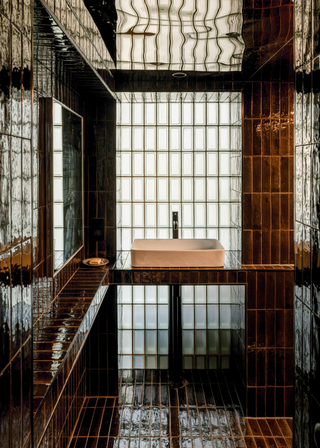 A dark brown tiled bathroom with a glazed glass brick wall and small white sink.