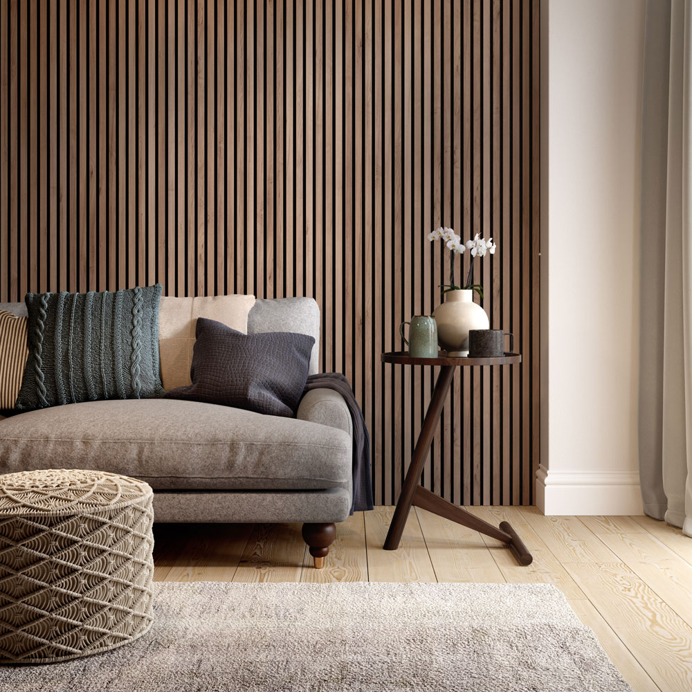 living area with grey sofa and vertical panelling wall