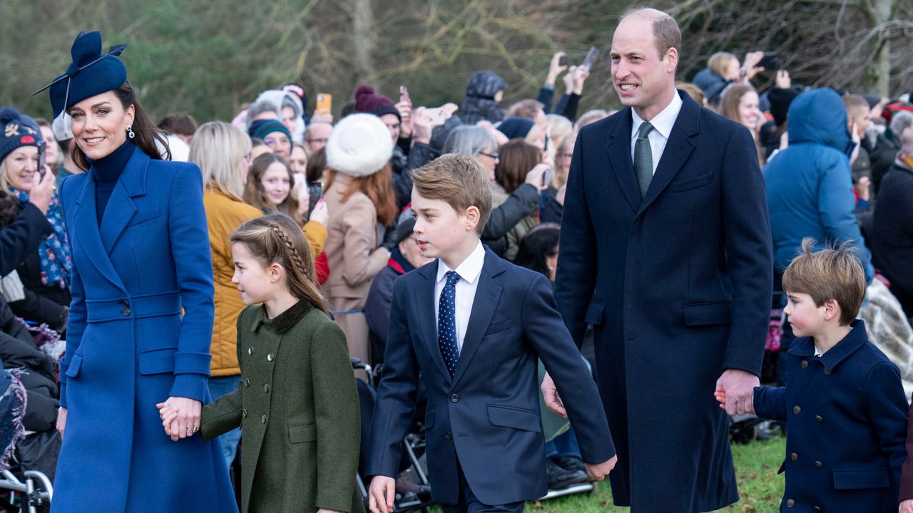 Catherine, Princess of Wales, Prince William, Prince Louis, Prince George and Princess Charlotte attend the Christmas Day service