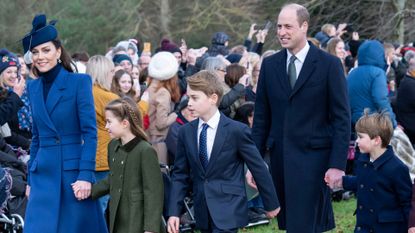 Catherine, Princess of Wales, Prince William, Prince Louis, Prince George and Princess Charlotte attend the Christmas Day service