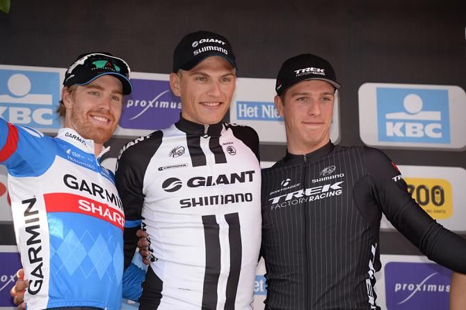 The 2014 Scheldeprijs podium: Tyler Farrar, Marcel Kittel and Danny Van Poppel