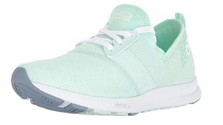 A mint and white pair of New Balance sneakers.