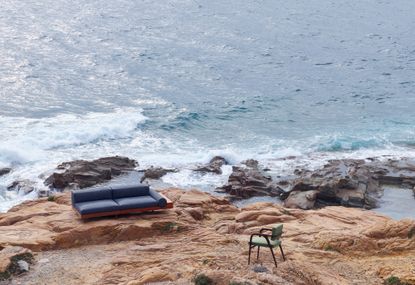 Outdoor furniture photographed on rocks