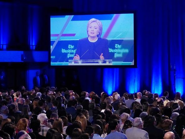 Hillary Clinton on a big screen during the Univision Democratic debate.