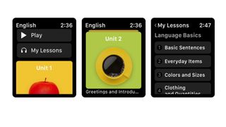 Skjermbilder fra appen Rosetta Stone på Apple Watch.