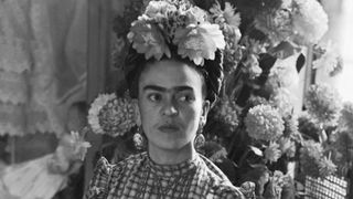 Frida Kahlo, Mexican painter, and wife of Diego Rivera is shown in this photograph.