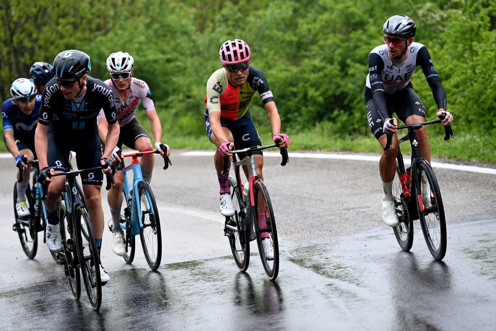 LAGO LACENOBAGNOLI IRPINO ITALY MAY 09 LR Nicolas Prodhomme of France and AG2R Citron Team Magnus Cort of Denmark and Team EF EducationEasyPost and Brandon Mcnulty of The United States and UAE Team Emirates compete during the 106th Giro dItalia 2023 Stage 4 a 175km stage from Venosa to Lago Laceno 1059m Bagnoli Irpino UCIWT on May 09 2023 in Lago Laceno 1059m Bagnoli Irpino Italy Photo by Tim de WaeleGetty Images