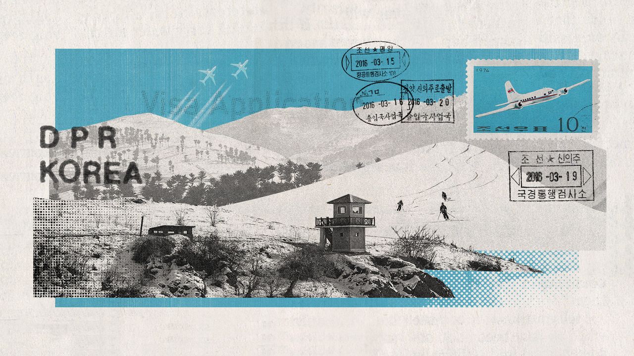 Photo collage of snowy North Korean mountain slopes and skiers, with a border guard tower in the foreground