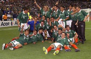 Mexico's players celebrate their Confederations Cup final win over Brazil in 1999.