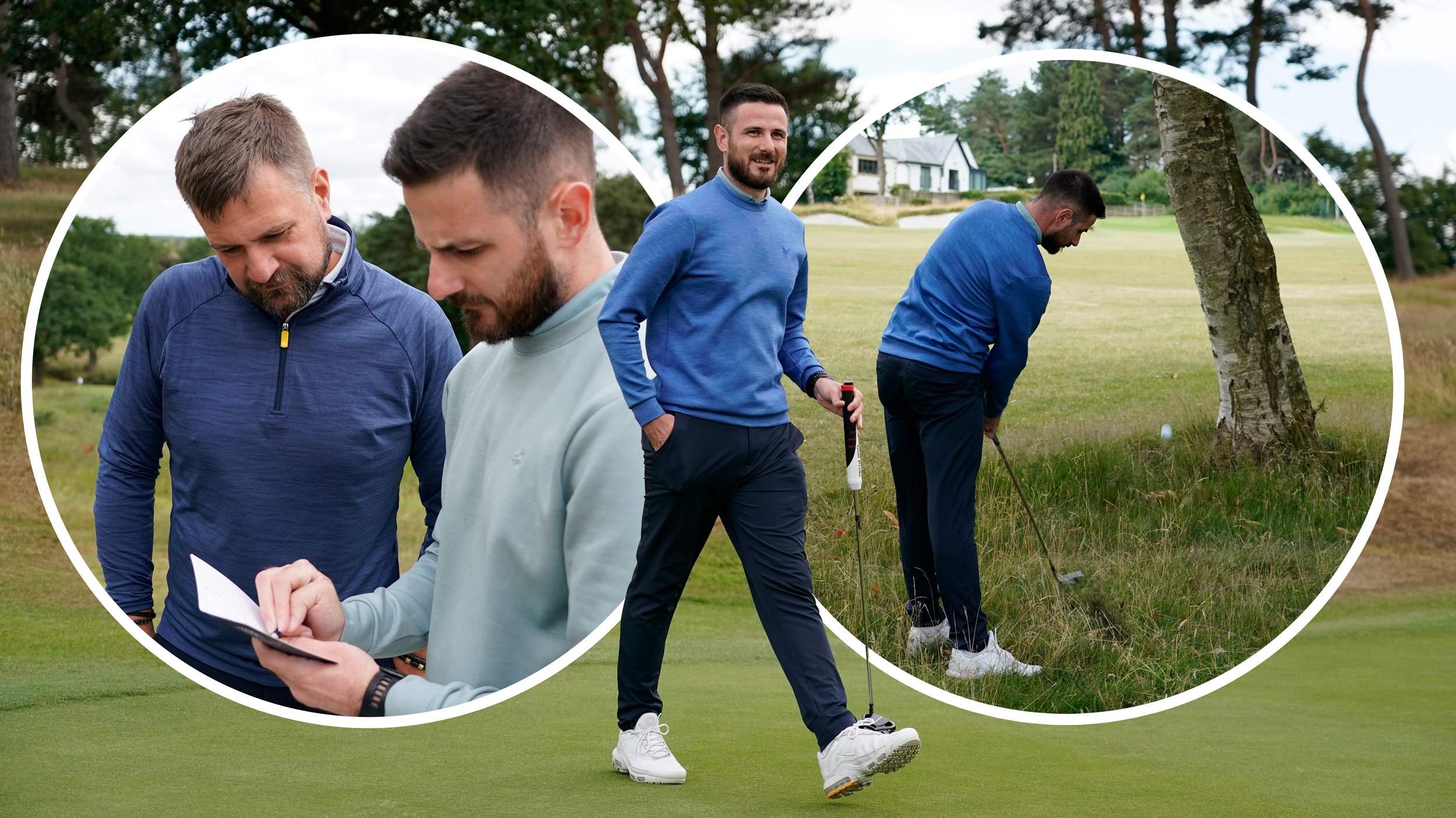 high-handicapper Baz Plummer smiling with joy, with two inset images showing examples of why Baz enjoys being a high-handicapper