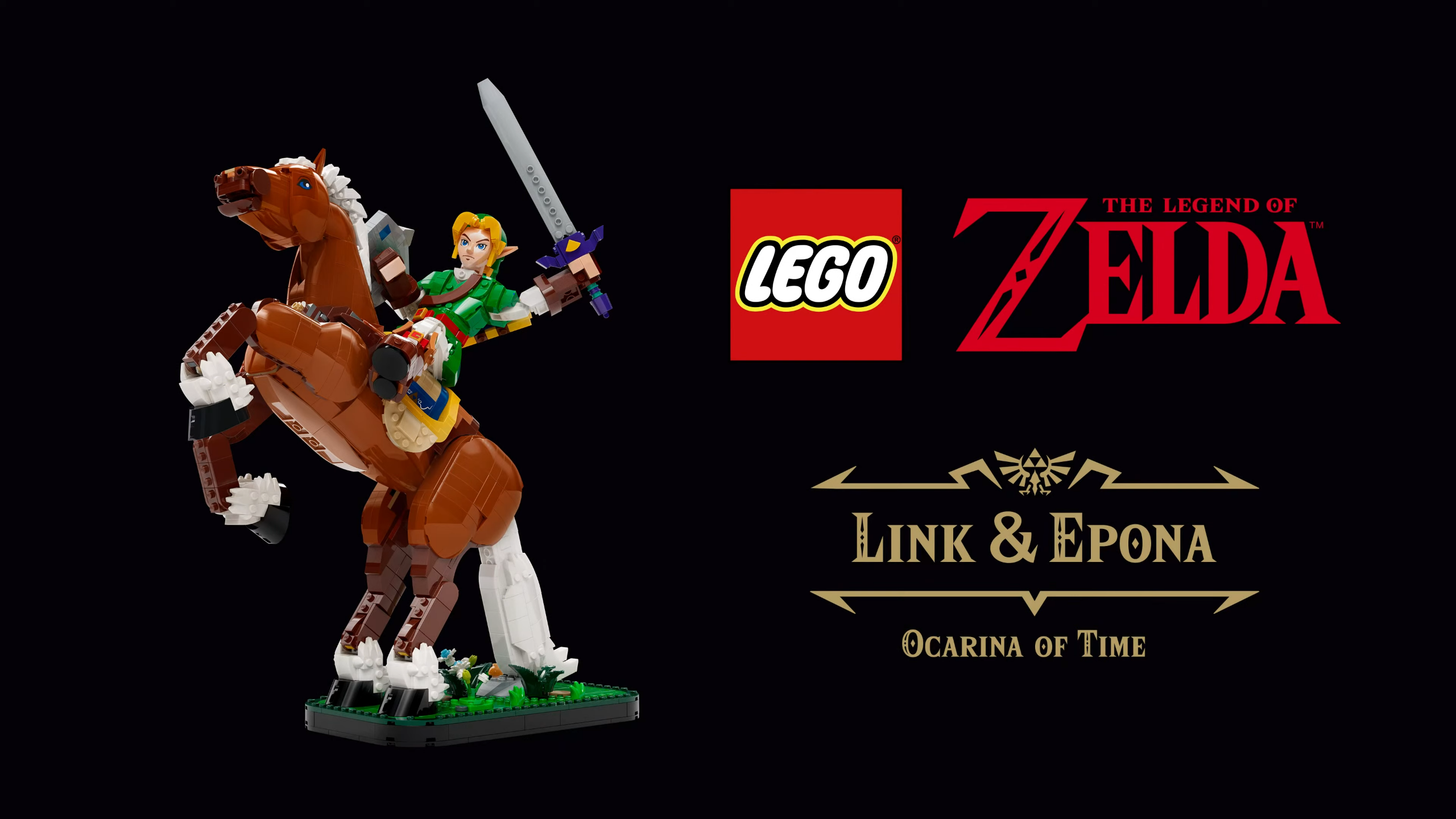 Lego Link and Epona models beside logos for Lego and The Legend of Zelda, all against a dark background
