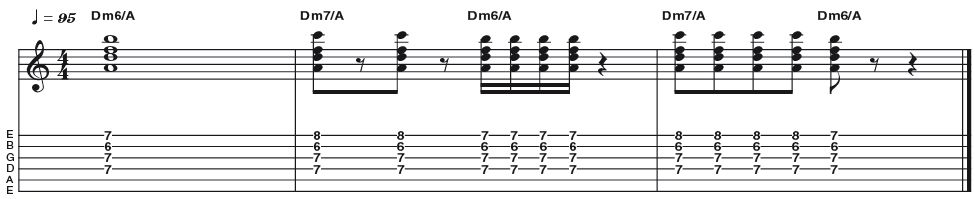 Example 15: Minor 7 to Minor 6 Move - Here is a great move that can be used in funk, where we take a stock minor 7 chord and lower the b7 interval by a semitone to create a minor 6 sound for a very authentic sounding 'Prince' vibe - the high guitar break in Kiss is a textbook example of b7 to 6 movement.