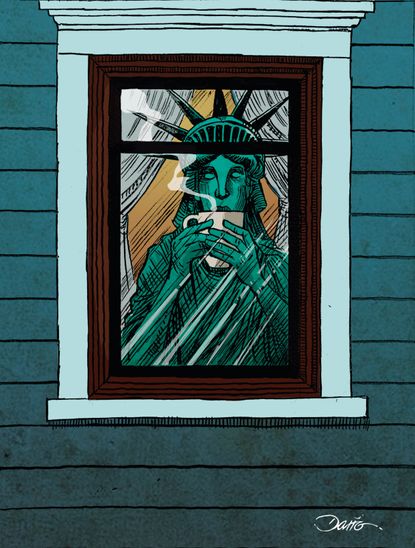 Editorial Cartoon U.S. Lady Liberty social distancing waiting out coronavirus