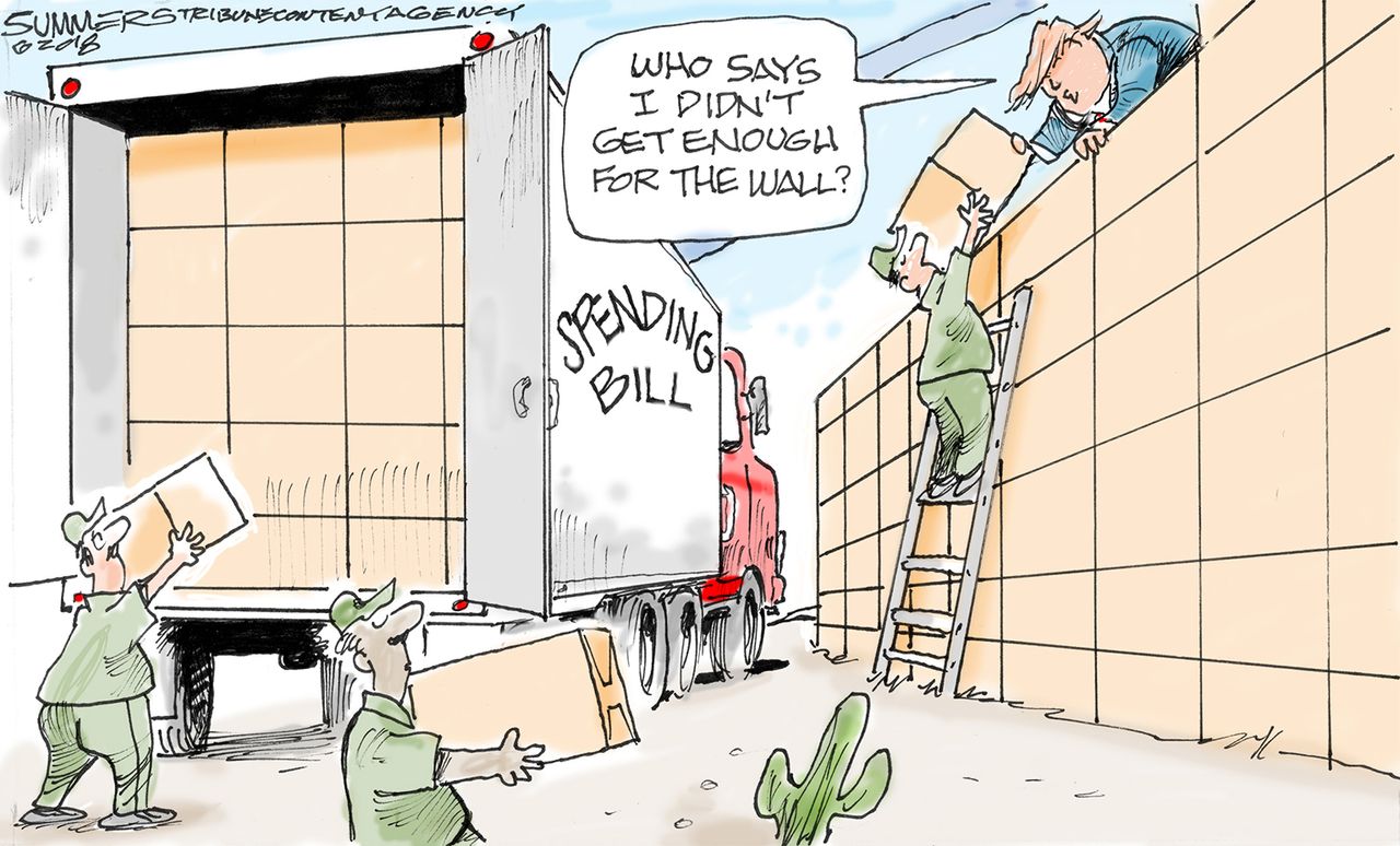 Political cartoon U.S. Trump Mexico border wall spending bill Congress funding