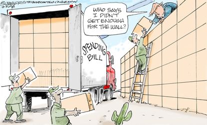 Political cartoon U.S. Trump Mexico border wall spending bill Congress funding