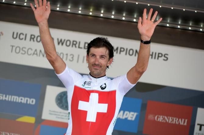 Fabian Cancellara (Switzerland) on the podium to accept his bronze medal at the 2013 time trial world championship