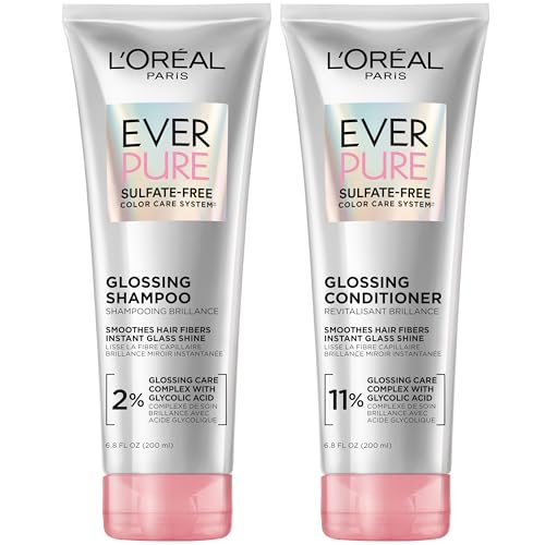 L'Oreal Paris shiny sulfate -free shampoo and conditioner set with glycolic acid, hair care for permanent shine and smoothness for blunt, dry hair, everpure, 1 kit