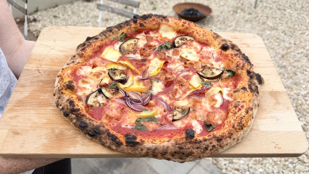 A pizza cooked on the Gozney Arc XL
