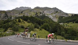 Team Cofidis rider Frances Guillaume Martin R rides during the fifth stage of the 72nd edition of the Criterium du Dauphine cycling race 153 km between Megeve and Megeve on August 16 2020 Photo by AnneChristine POUJOULAT AFP Photo by ANNECHRISTINE POUJOULATAFP via Getty Images