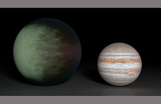 Kepler-7b (left), which is 1.5 times the radius of Jupiter (right), is the first exoplanet to have its clouds mapped. The cloud map was produced using data from NASA's Kepler and Spitzer space telescopes.