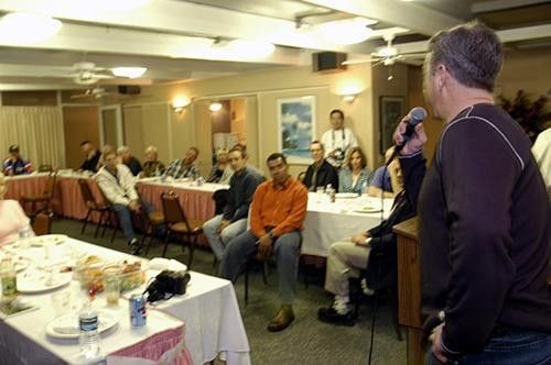 Greg LeMond makes a little speech at the welcome dinner.