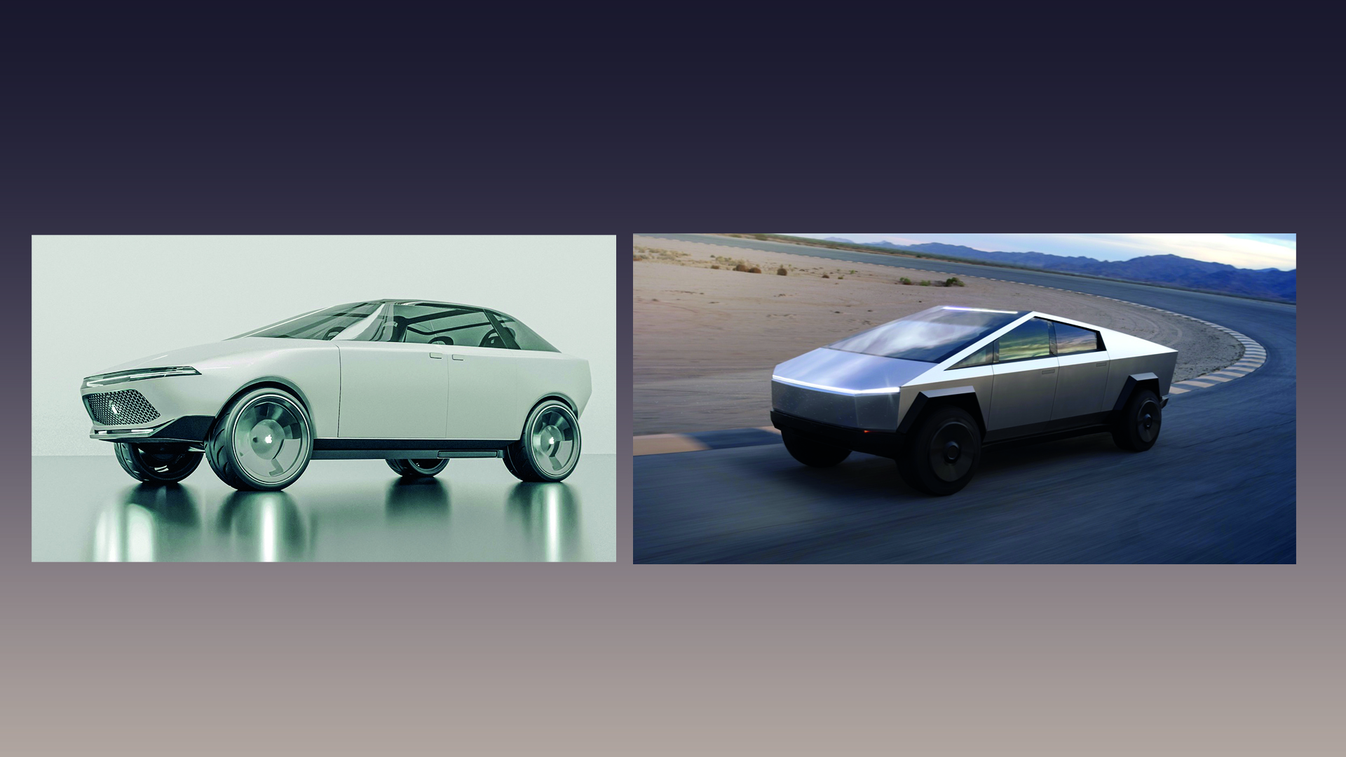 A comparison between the Apple Car render and Tesla's Cybertruck.