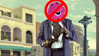 An image of GTA 5's Michael, his head overlaid with that of Barney the Dinosaur, which has been crossed out by a 'forbidden' symbol.