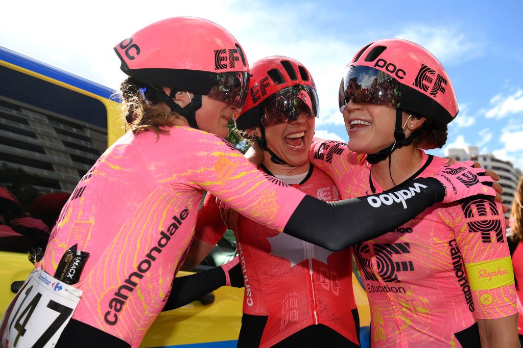 ZARAGOZA SPAIN MAY 01 Stage winner Kristen Faulkner of The United States and Team EF EducationCannondale R celebrates the victory with her teammates Magdeleine Vallieres of Canada L and Alison Jackson of Canada C after the 10th La Vuelta Femenina 2024 Stage 4 a 1423km stage from Molina de Aragon to Zaragoza UCIWWT on May 01 2024 in Zaragoza Spain Photo by Alex BroadwayGetty Images