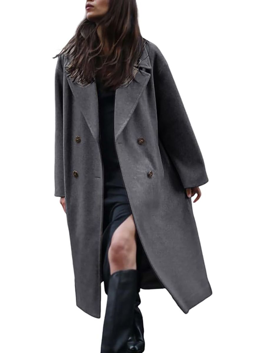 Gihuo, Gihuo Women's Notched Collar Wool Blend Pea Coat Winter Double Breasted Trench Coat Long Oversized Button Down Overcoats(darkgrey-L)