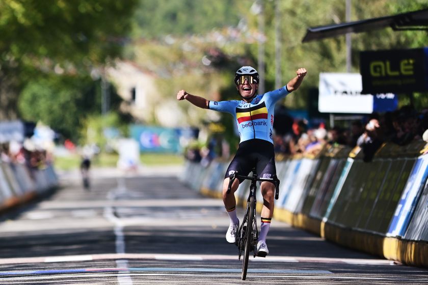 GUILHERAND-GRANGES, FRANCE - OCTOBER 04: Jarno Widar of Team Belgium celebrates at finish line as gold medal winner during the 31st UEC Road Cycling European Championships 2025 - Men&#039;s U23 Road Race a 121.1km one day race from Guilherand-Granges to Guilherand-Granges on October 04, 2025 in Guilherand-Granges, France. (Photo by Billy Ceusters/Getty Images)