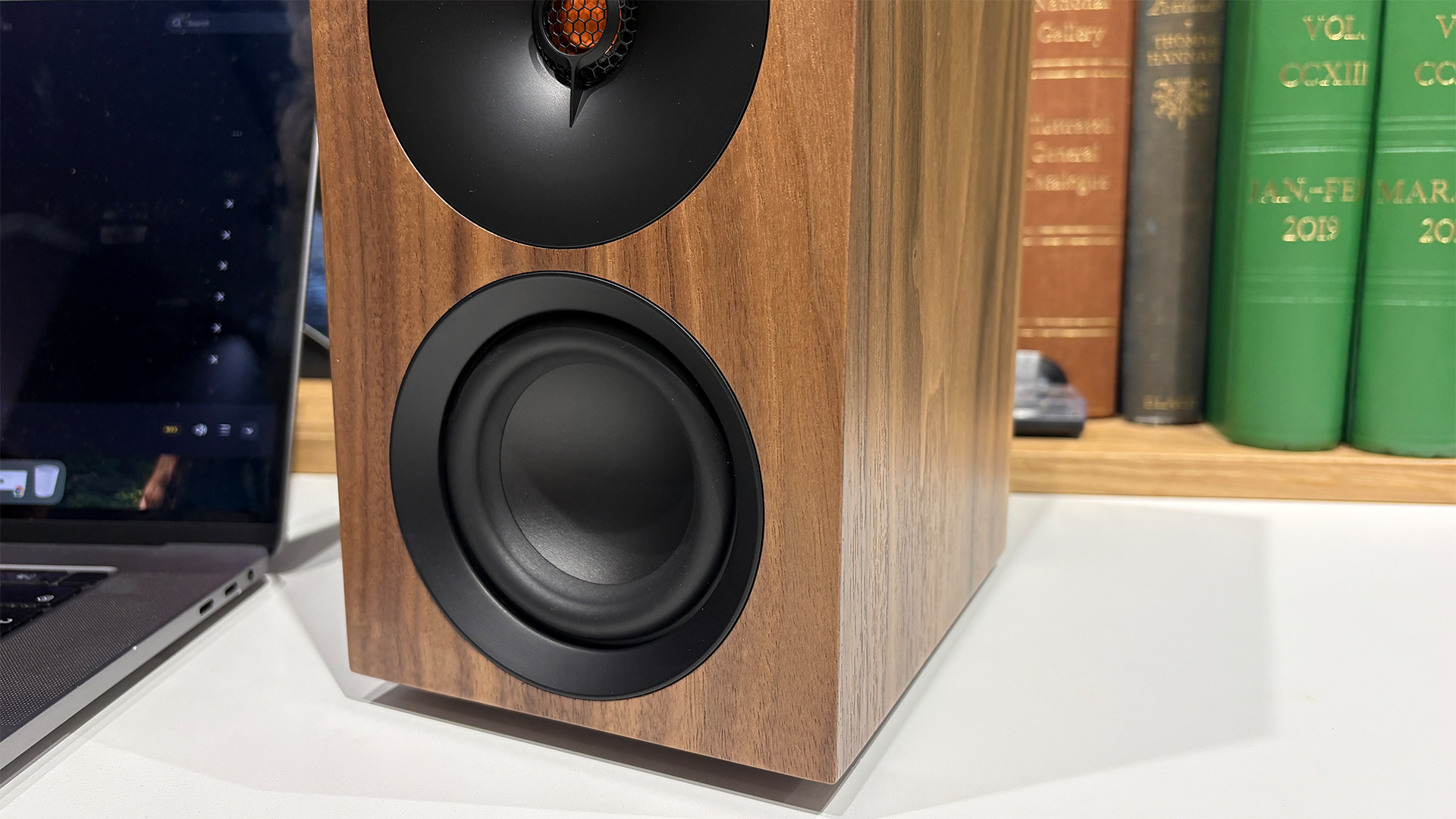 Cambridge Audio L/R S desktop speakers, detail of one cabinet's mid/bass driver
