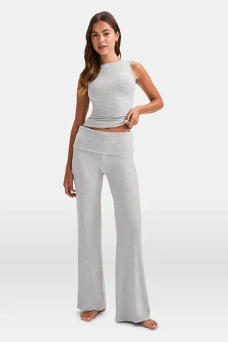 Tala, 365 Sculpting Lounge Multiway Fold Waist Flared Trousers - Grey Marl