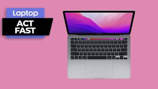 MacBook Pro M2 with act fast deals badge against a pink background