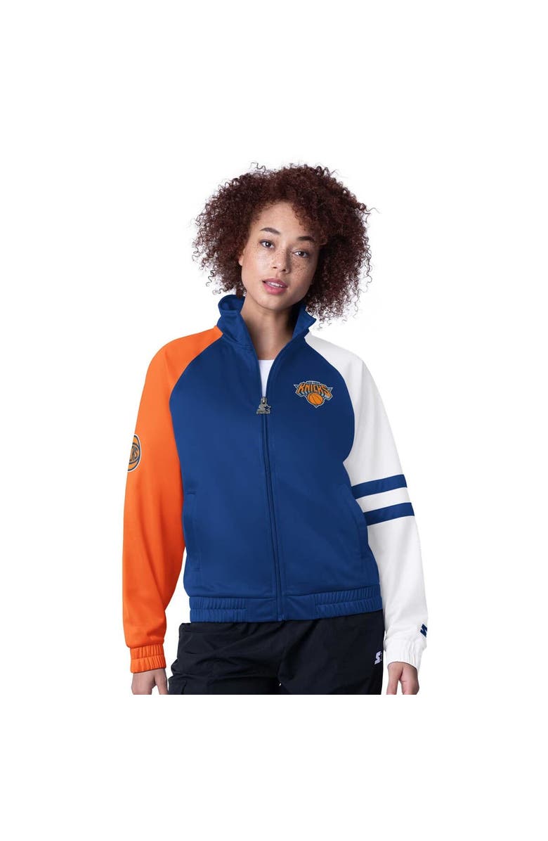 Women's Starter Blue New York Knicks Line Up Dolman Raglan Full-Zip Track Jacket